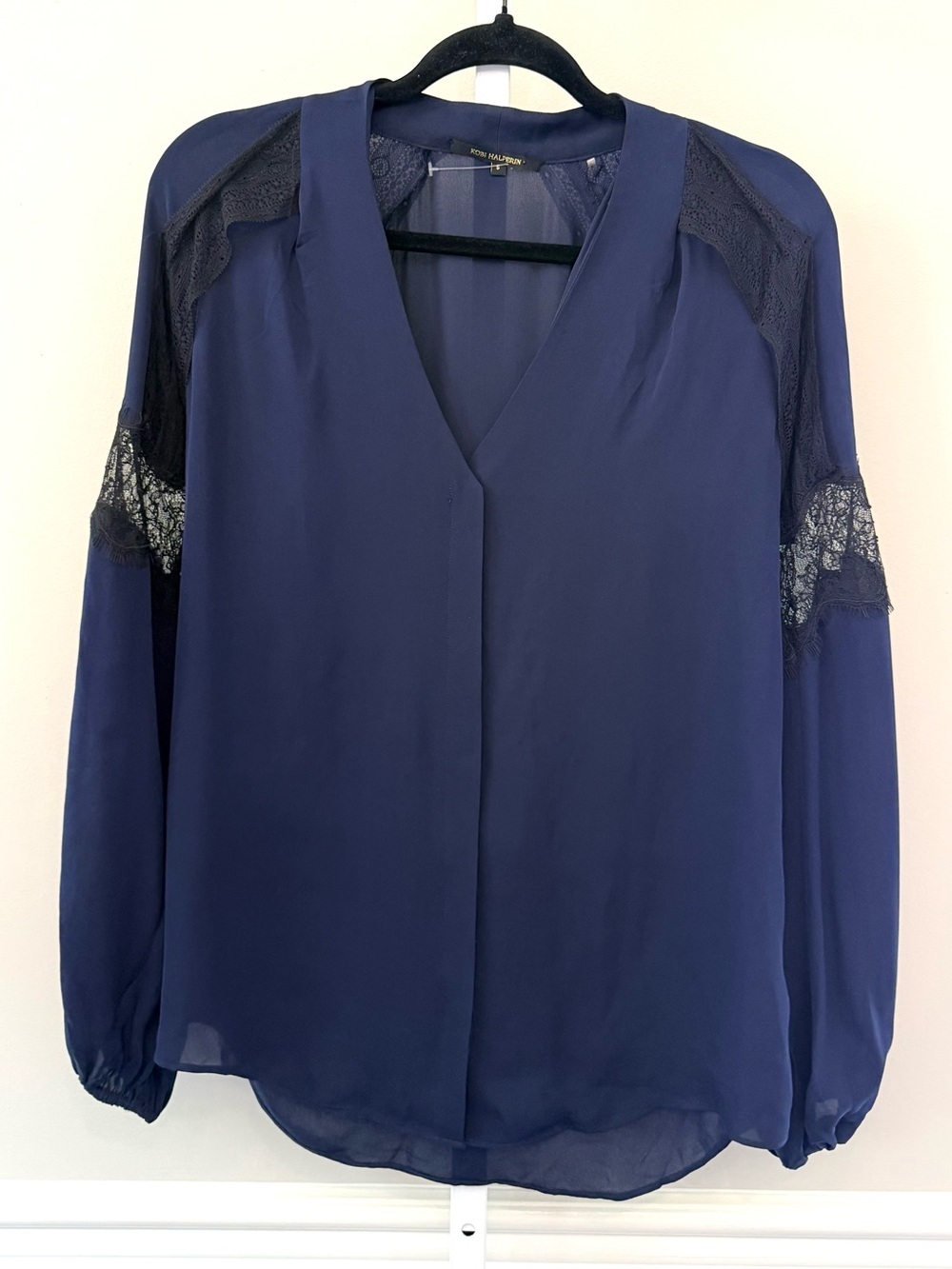 Kobi Halperin 100% Silk Lace Trim V-Neck Blouse Navy Blue Size S